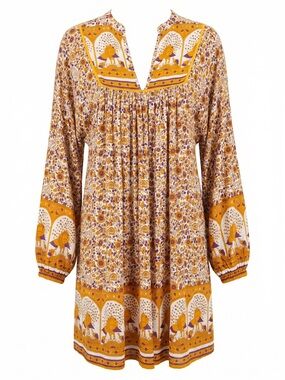 Modern Soul Mustard Yellow Purple Boho Floral Mini Dress Babydoll Festival Flowy